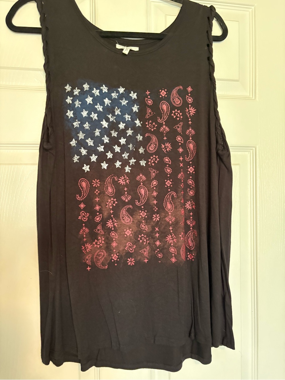 Maurices Black Sleeveless Tank with Red Paisley & Blue Star Print